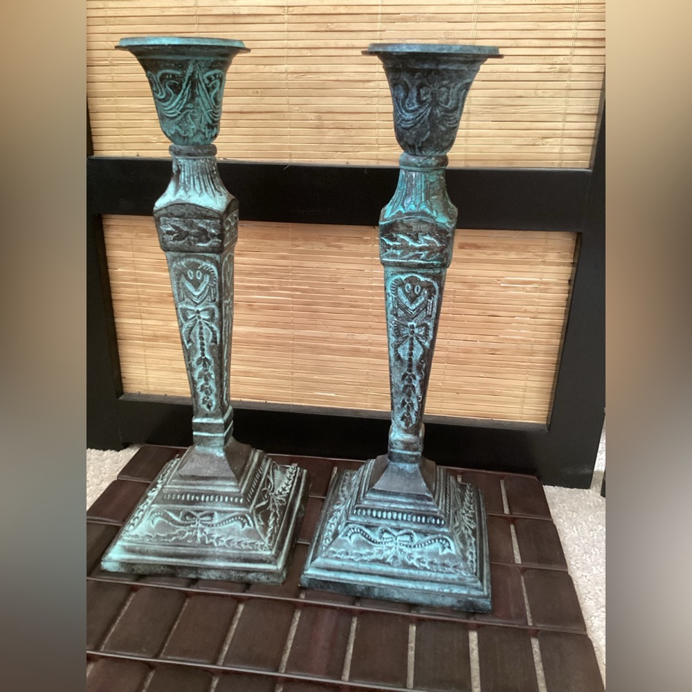 12” Candlesticks metal green patina EUC